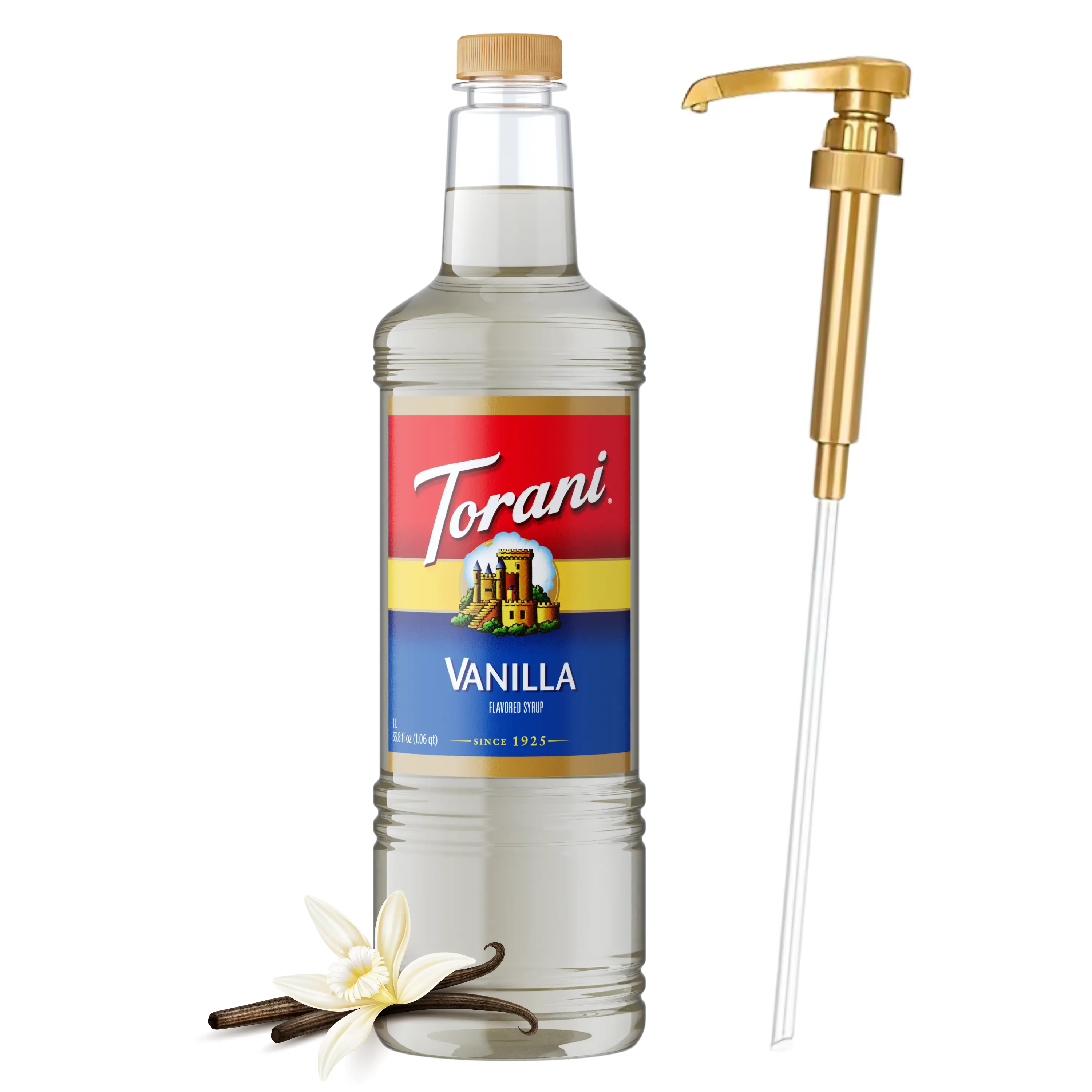 Torani Vanilla Syrup, 1L Bottle with Pump - Sweet, Creamy Liquid for Drinks (Syrups & Concentrates Category)
