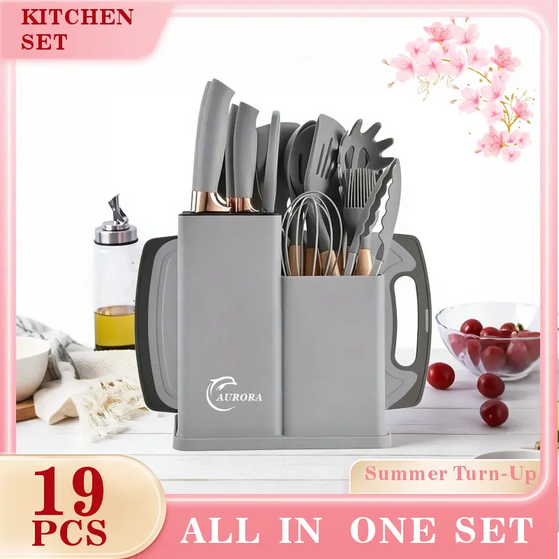 19 pcs set of kitchen utensils for a family chef, including 11 heat-resistant silicone utensils, 6 sets of sharp knives, 1 set of cutting boards, and black cookware, made of wood and plastic materials. Celebrating the Coachella Music Festival