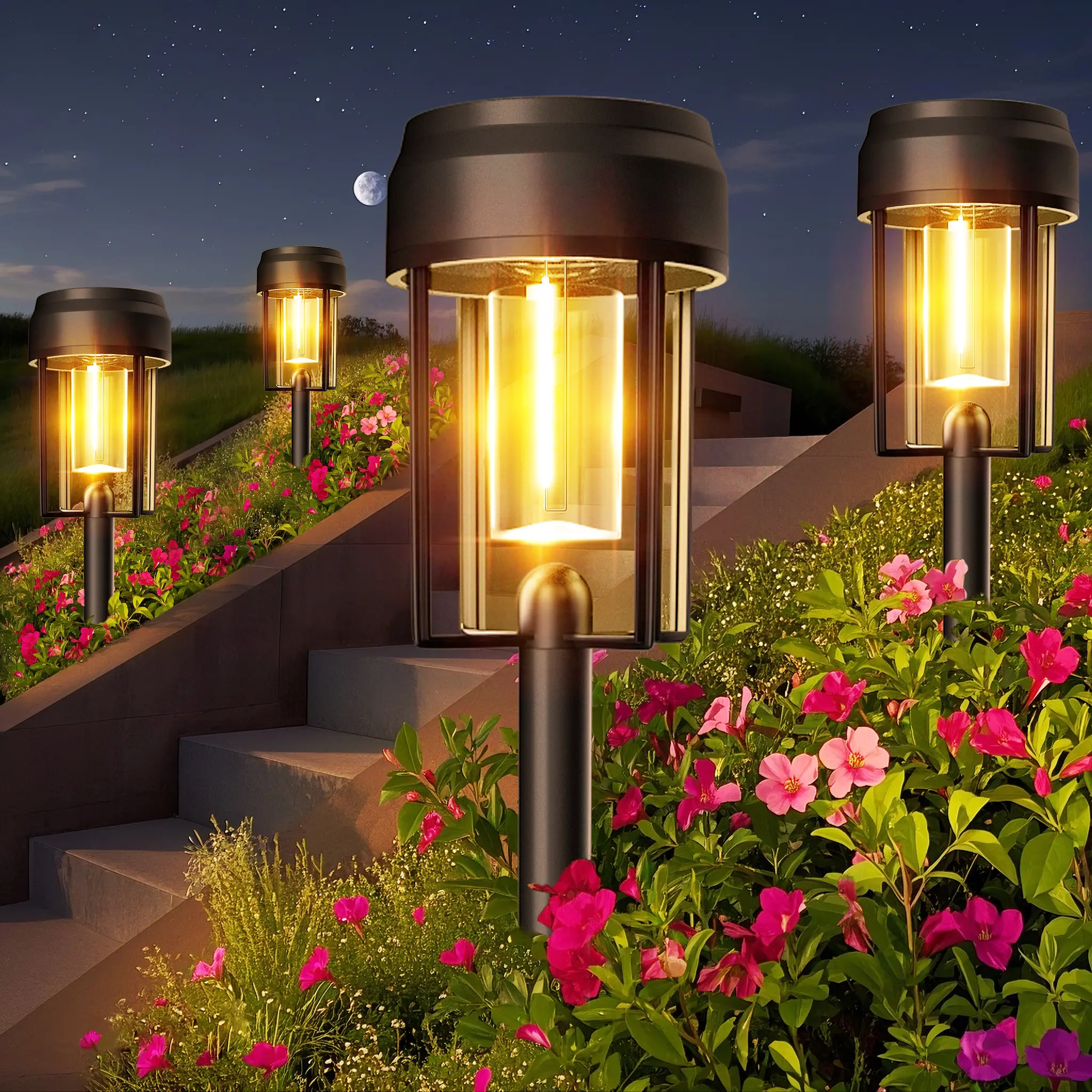 Solar-Powered Pathway Lights - Upgrade Brighter Solar Outdoor Lights,Adjustable Height,Auto On/Off,Water Resistant,3000K Outdoor Lighting for Halloween Decor, Decking, Patio, Walkway,Yard, Sidewalk, Landscape, Fence, Friends’ Backyards