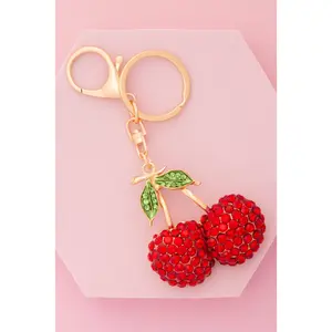 Gina Rhinestone Cherry Keychain with Split Ring and Lobster Clasp