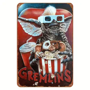 Vintage Gremlins Movie Poster Metal Sign Retro Horror Decor Featuring Gizmo and Popcorn 8x12 Inches Ideal Wall Art for Home Cafe and Bar Settings