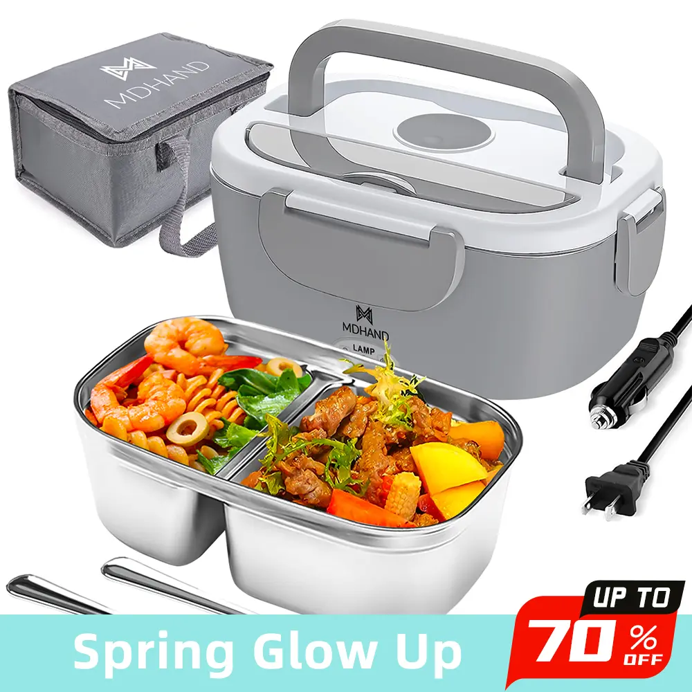 Electric Lunch Box Food Heater, 65W Faster Heated Lunch Box, 110V/12V/24V Work/Car/Outdoors, P with Lunch Bag Lid Plastic
