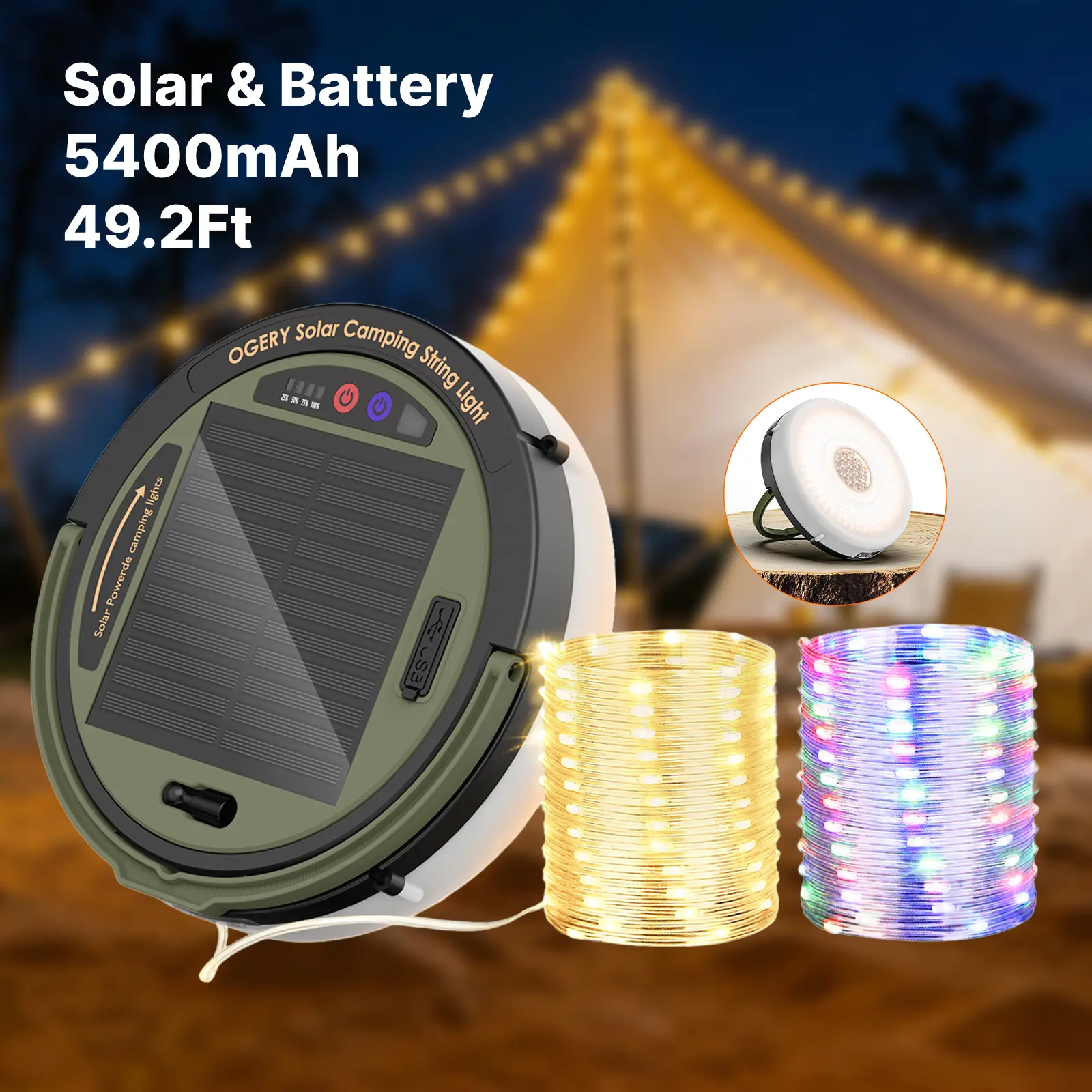OGERY Solar Camping String Lights, 5400mAh 49.2Ft Retractable LED String Lights, Solar & Battery Powered, Waterproof Emergency Outdoor Lights