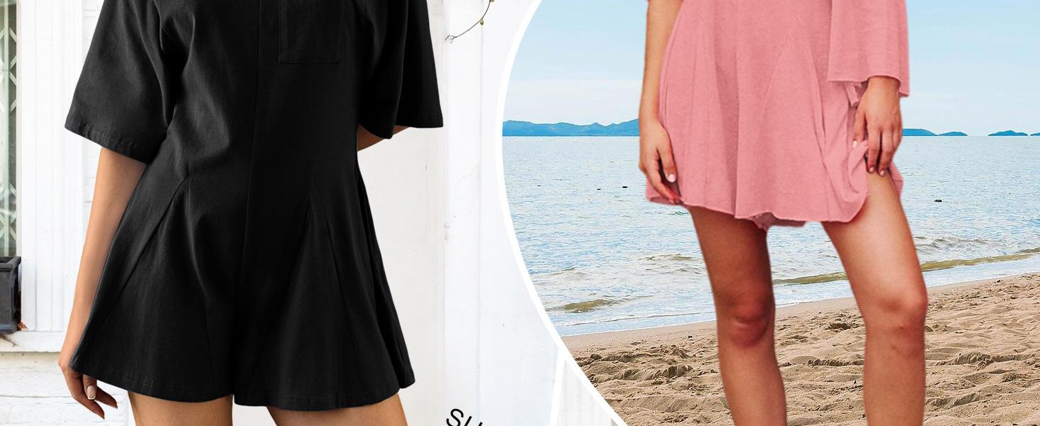 Imily Bela Rompers for Women Spring Outfits Summer Casual Short Sleeve Crew Neck Loose Jumpsuits with Pocket