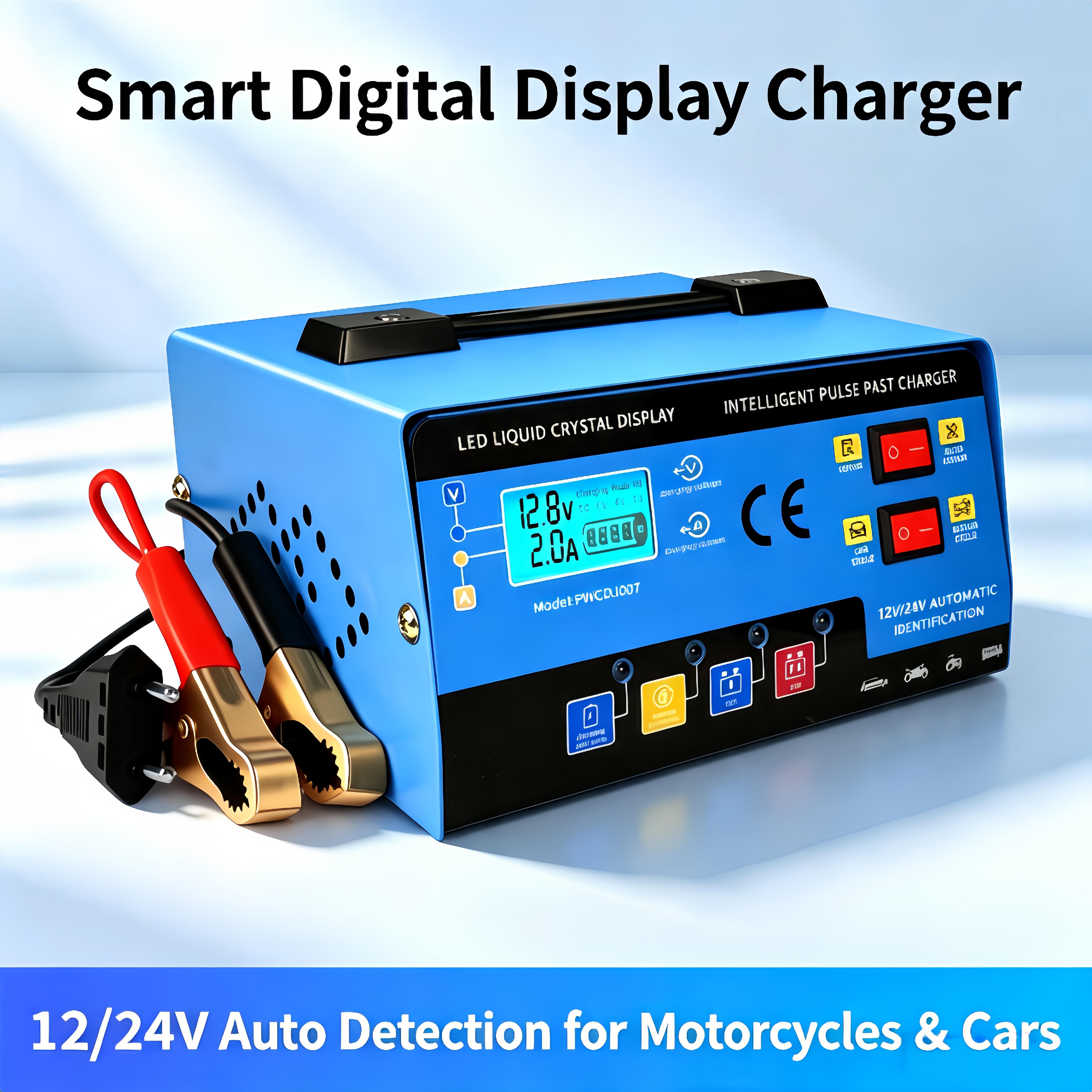 12V-24V Compact Plug-In Smart Pulse Multi-Vehicle Battery Charger Unit with LCD Display, Auto-Detect Desulfator, Full Charge Auto-Stop, Multi Safety Protection, Kill Switch, Extension Cable for Cars/Motorbikes， power， alternator tester