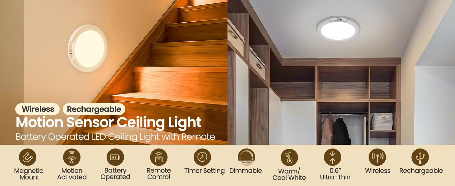 Rechargeable Motion Sensor Ceiling Light with Remote, Wireless Ceiling Light Battery Operated, No Wiring, Magnetic, Dimmable Shower Light, Timer, 3 Color 6000K, Rechargeable Light for Closet Hallway