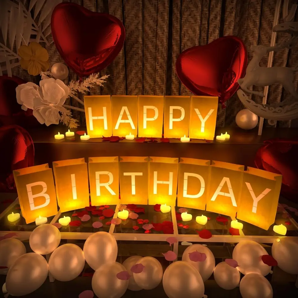 Magical Happy Birthday Party Decorations Kit - Home Supplies with Secure LED Lights, Tea Lights, Latex Balloons, Aluminum Balloons, Rose Petals, Backdrop Banner, Festive Decor for Adults, Balloon Decor