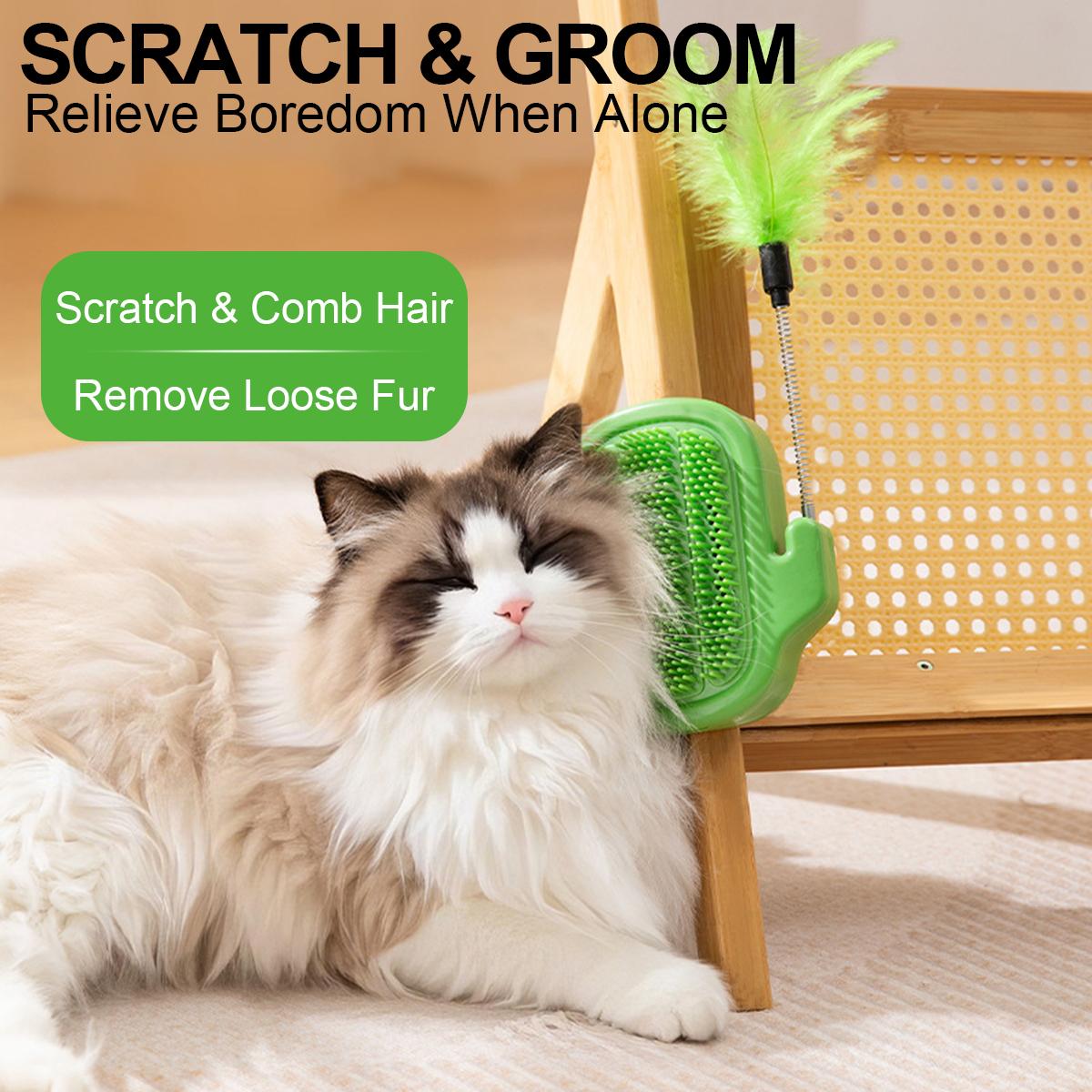 Cat using a green corner self grooming brush