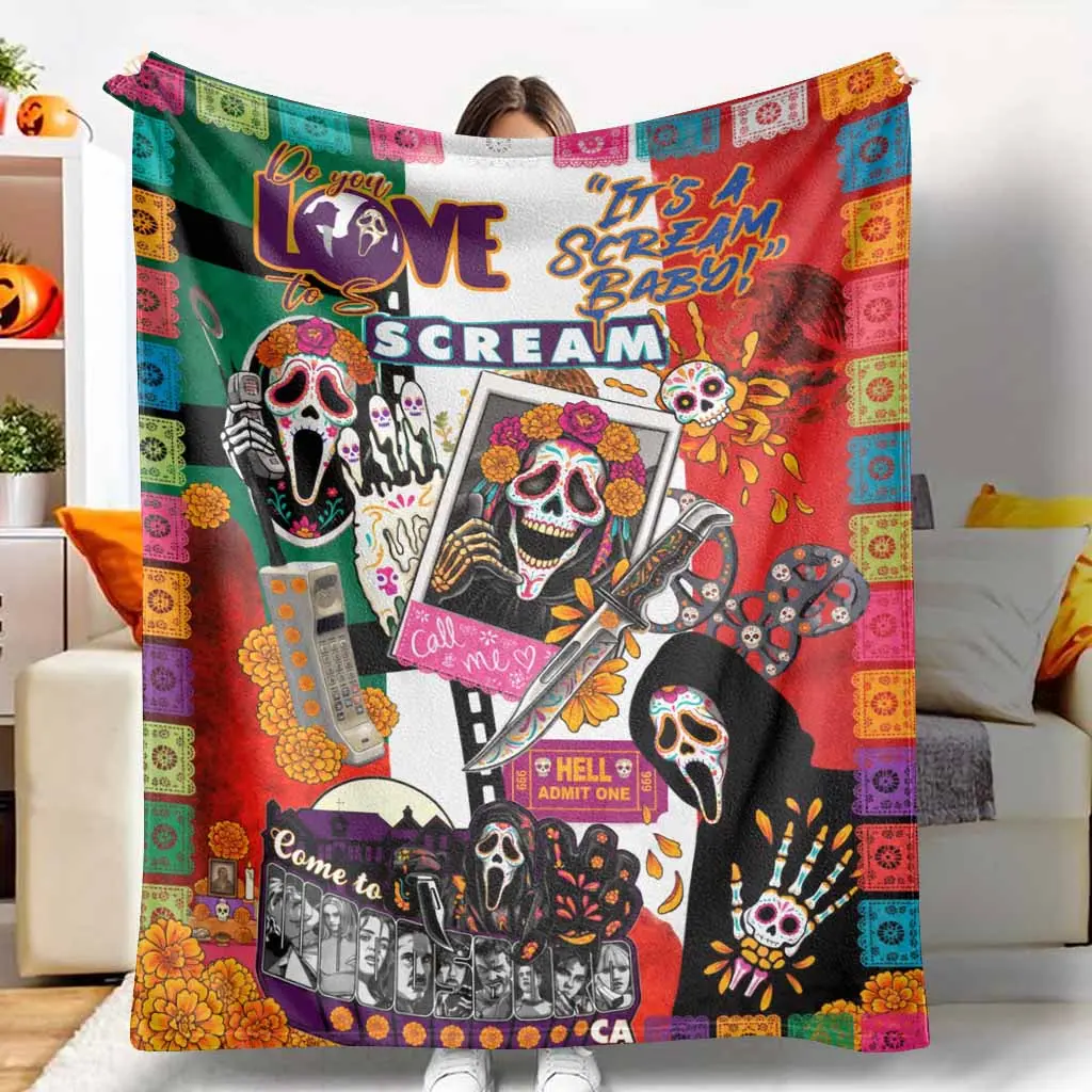 Day of the Dead Sugar Skull Flannel Blanket - Flannel Fabric, Spooky Art, Spooky Mexican Festival Print, Fade-Resistant, Soft Cozy Lightweight, Multi-Size, Living Room Decor, Halloween Couch Throw Gift Idea