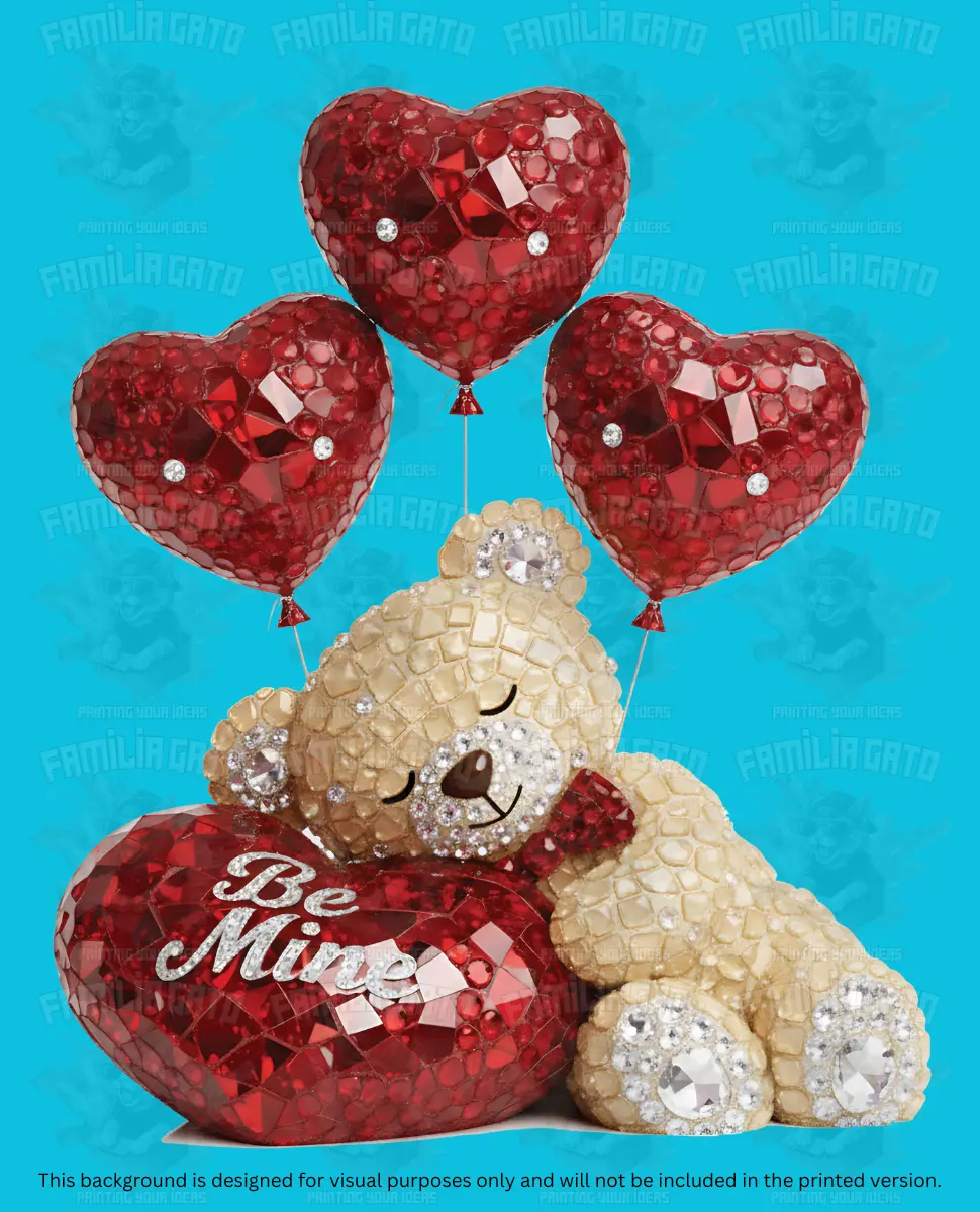 Valentine's Day Rhinestone Teddy Bear & Red Heart Balloons DTF Transfer - Fabric Decal with Stretchability, Sealing, Hot Peel, Durability, 320°F Firm Pressure for DIY Craft Supplies