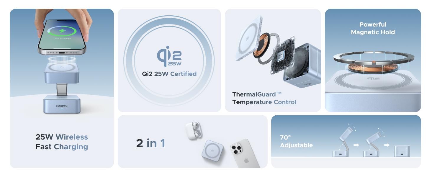 【LIVE ONLY】UGREEN 25W Magflow Wireless Charger 2-in-1 Magnetic Charging Station for iPhone 17/16/15/14/13/12 Pro Max, Fast Qi2 Certified Foldable Stand with USB-C Port, Compatible with AirPods, Dual Device Charging,TikTokShopholidayhaul