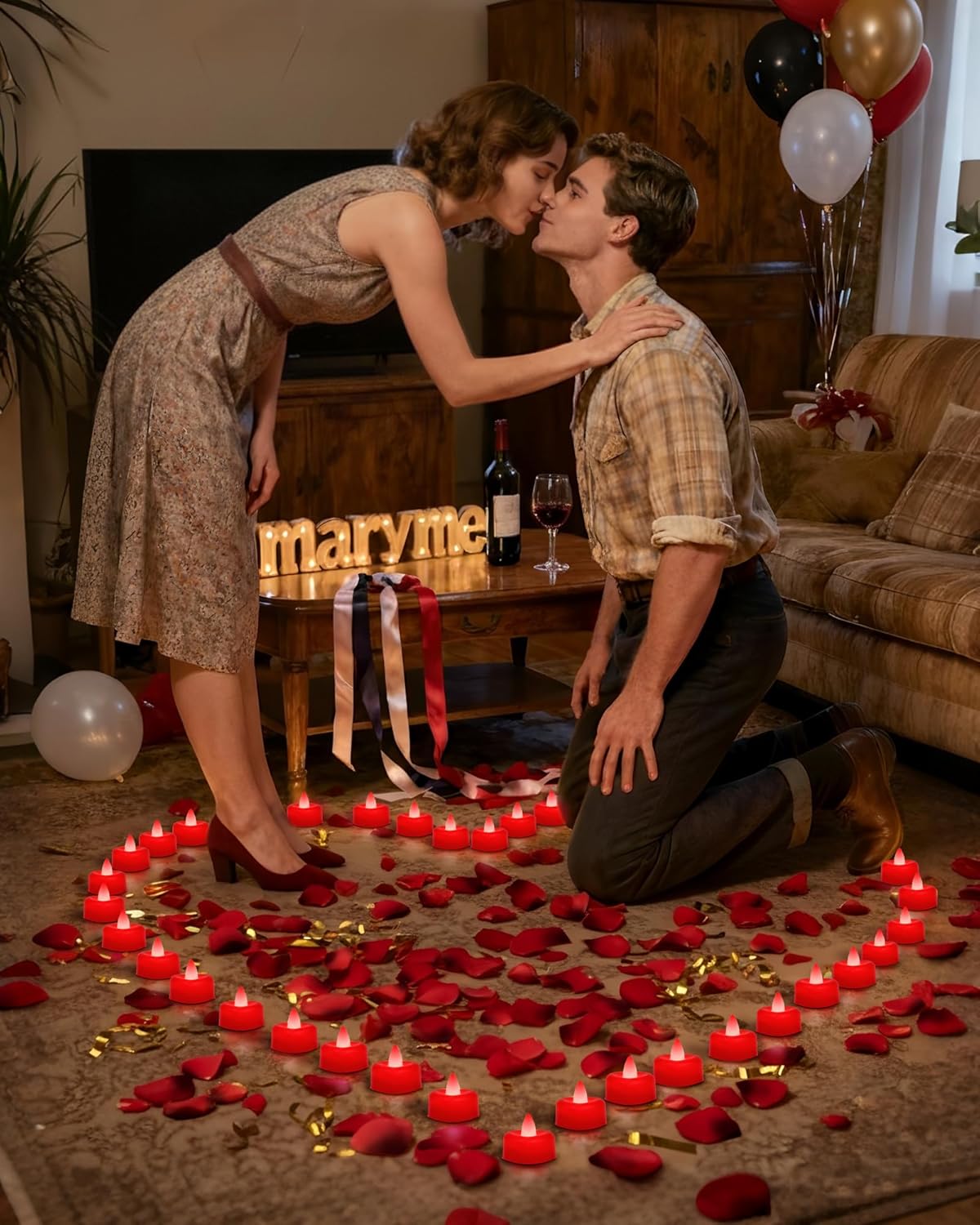 2000 Pcs Red Artificial Rose Petals with 24 Heart LED Tea Lights, Romantic Proposal Decor for Valentine‘s Day, Anniversary, Wedding, Battery Operated