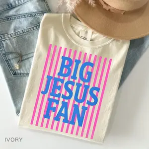 Comfort Colors Striped Big Jesus Fan Comfort Colors T-Shirt, Preppy Christian Faith Tee, Inspirational Jesus Graphic Shirt, Trendy Religious God Lover Top Gift For Women