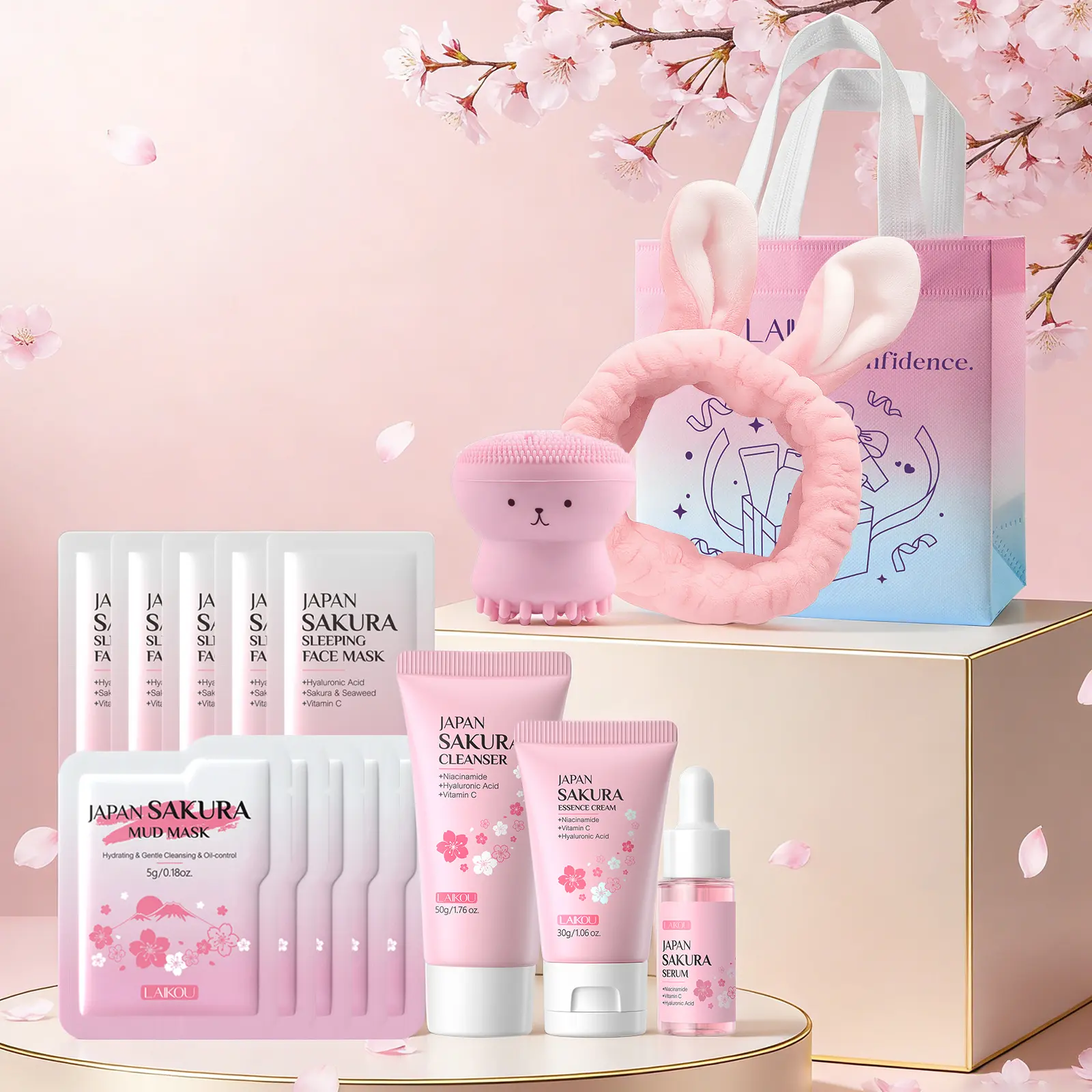 LAIKOU Sakura Skincare Set - 16PCS Teen Skin Hydrating Nourishing Kit, Self Care Bundle Box with Hydration Boost, Gifts for Women Sample Pack Skin Care Kits, Travel-Friendly Daily Routine, Morning Routine, Face Care Products