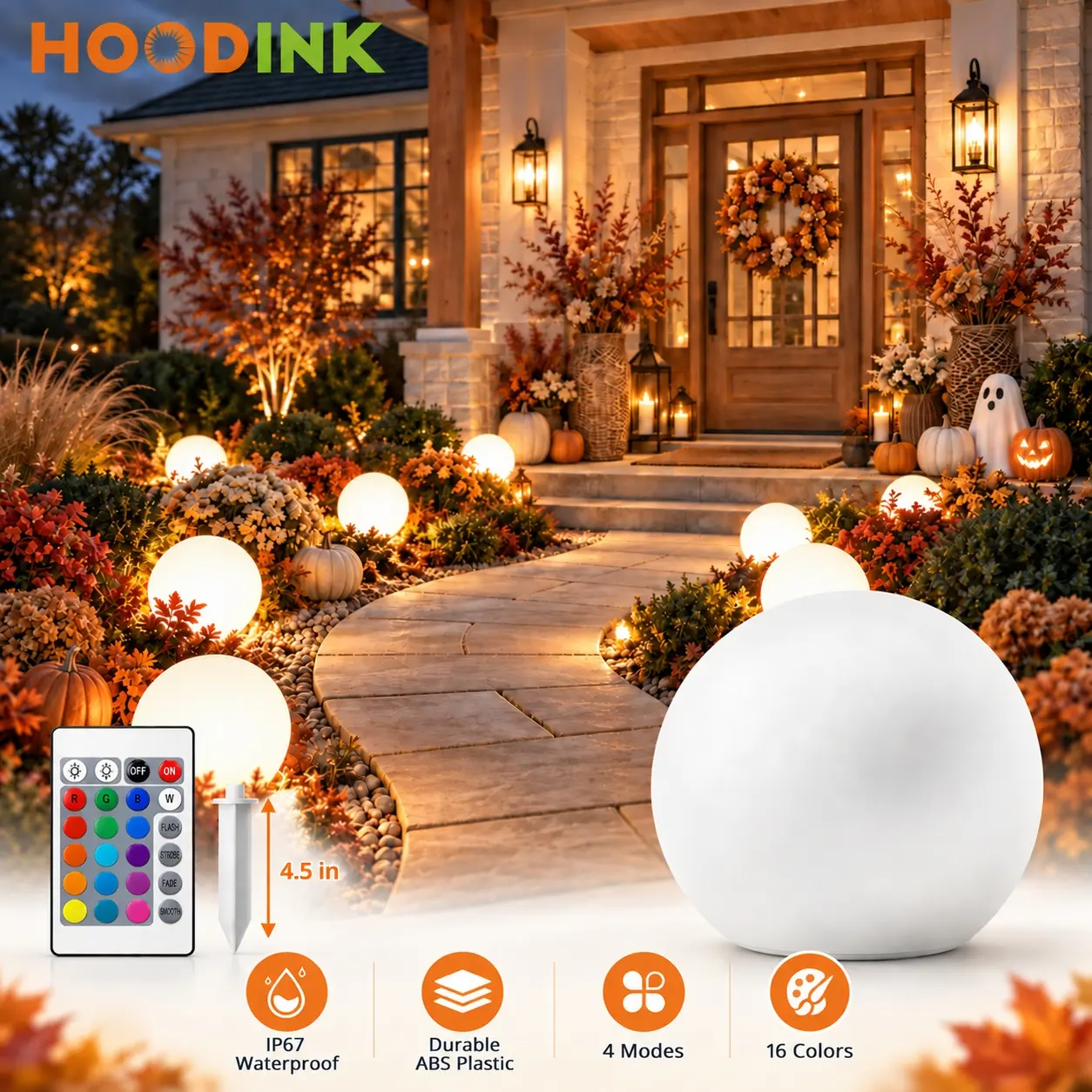 Hoodink 8-in Solar Globe Light - Waterproof Plastic Mood Lamp with Remote, 16 RGB Colors, Ground Stake, Solar Outdoor Lights for Friends & Parents, Pathway Glow Guide Lamps, Aesthetic Home Decor Gift