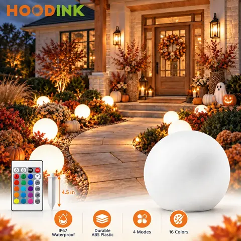 Hoodink 8-in Solar Globe Light - IP54 Waterproof Plastic Mood Lamp, 16 RGB Colors, 4 Dynamic Modes, 16.4ft IR Remote, Ground Stake, Outdoor Pathway Guide Lamp for Friends & Parents, Kids-Friendly Aesthetic Home Decor Gift