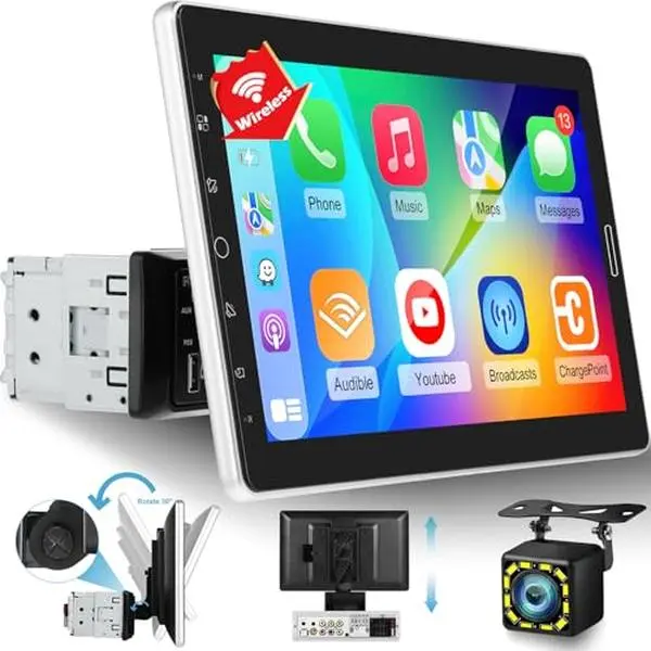 podofo 10.1-Inch HD Single Din Touchscreen Car Video Player - Wired/Wireless CarPlay Screen, Android Auto, Bluetooth, AM/FM Radio, YouTube Support, Backup Camera, Built-in Mic, Phonebook Support