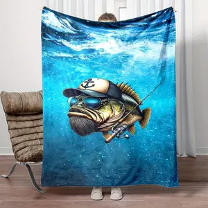 Ocean-style Pattern Featuring a Fish with a Hat and Fishing Rod Print, All-season Lightweight Throw Blanket for Naps or Office Use, Perfect Gift for Family and Friends S