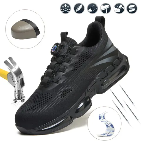 Shenganton Men’s Minimalist Round Toe Low-Top Steel Toe Worker Walking Shoes, Lightweight Breathable Knit Fabric Upper, Impact/Puncture-Resistant Colorblock Black Easy-On/Off Rotating Button All-Seasons Construction Work Footwear