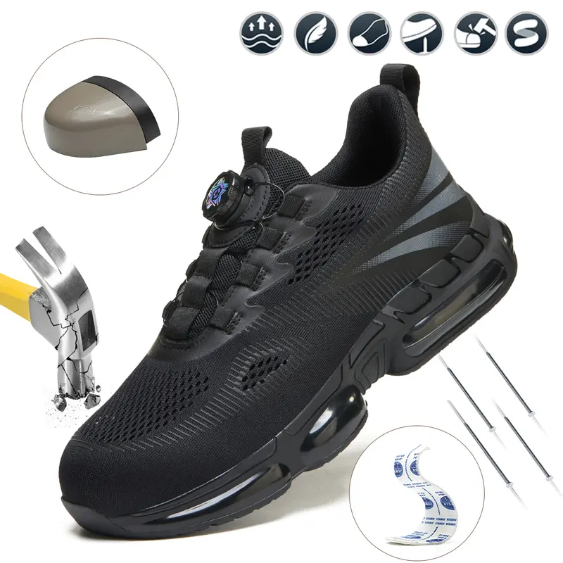 Shenganton Men’s Minimalist Round Toe Low-Top Steel Toe Worker Walking Shoes, Lightweight Breathable Knit Fabric Upper, Impact/Puncture-Resistant Colorblock Black Easy-On/Off Rotating Button All-Seasons Construction Work Footwear
