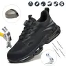 Shenganton Men’s Minimalist Round Toe Low-Top Steel Toe Worker Walking Shoes, Lightweight Breathable Knit Fabric Upper, Impact/Puncture-Resistant Colorblock Black Easy-On/Off Rotating Button All-Seasons Construction Work Footwear