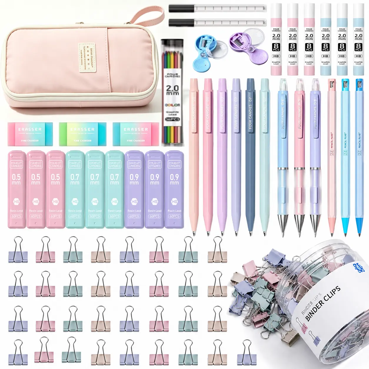 【Buy 1 Get Free Gifts】FourCandies 76PCS Aesthetic School Supplies, Mechanical Pencils 0.5, 0.7, 0.9 & 2.0mm with Lead Refills,Cute Mechanical pencil for Exam Writing&Drawing,girly office supplies,Back to School,fun desk supplies Stationery,DealsForYouDays