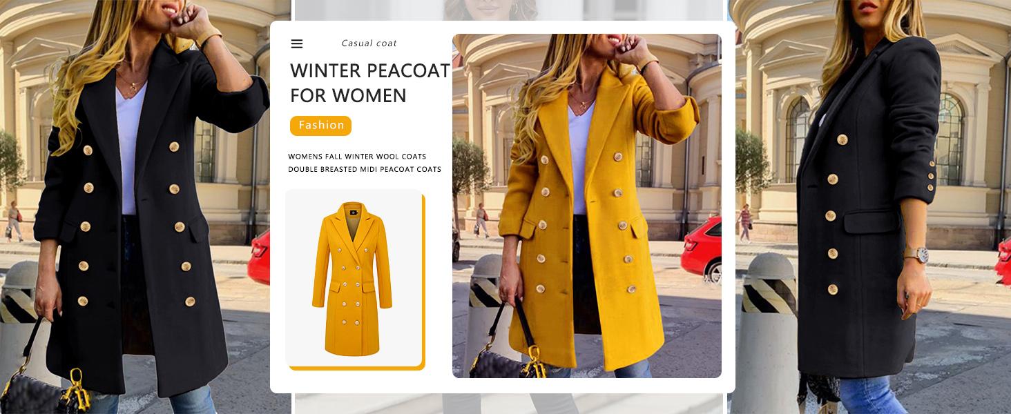 IDEALSANXUN Womens Fall Winter Wool Coats Double Breasted Midi Peacoat Trench Coats overcoat jacket