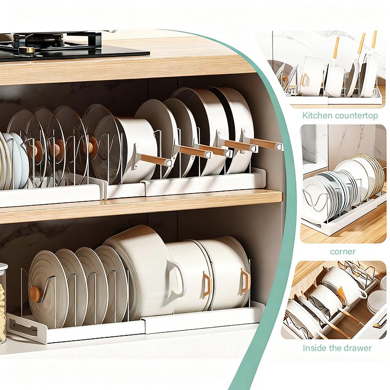 Multi-Functional Telescopic Kitchen Storage Rack - Expandable Kitchenware Storage Rack, Cabinet Cookware Rack, 7 Adjustable Compartments and Pot Cover Brackets, Plate Storage Rack, Cabinet Storage Rack for Pots, Utensils, Lids, and Baking Utensils