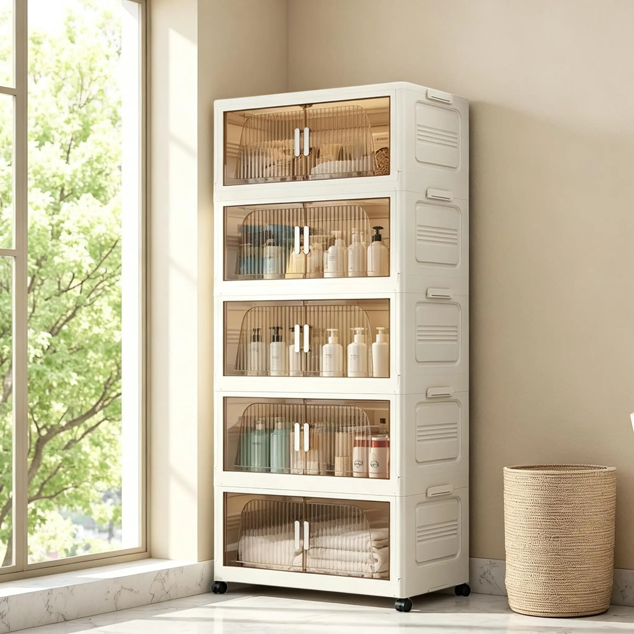 Installation Free Foldable Storage Cabinet, Stackable Plastic Storage Organizer with Magnetic Double Doors and Clear Panels, Easy Assembly Collapsible Cabinet with Wheels for Closet Laundry Room Office
