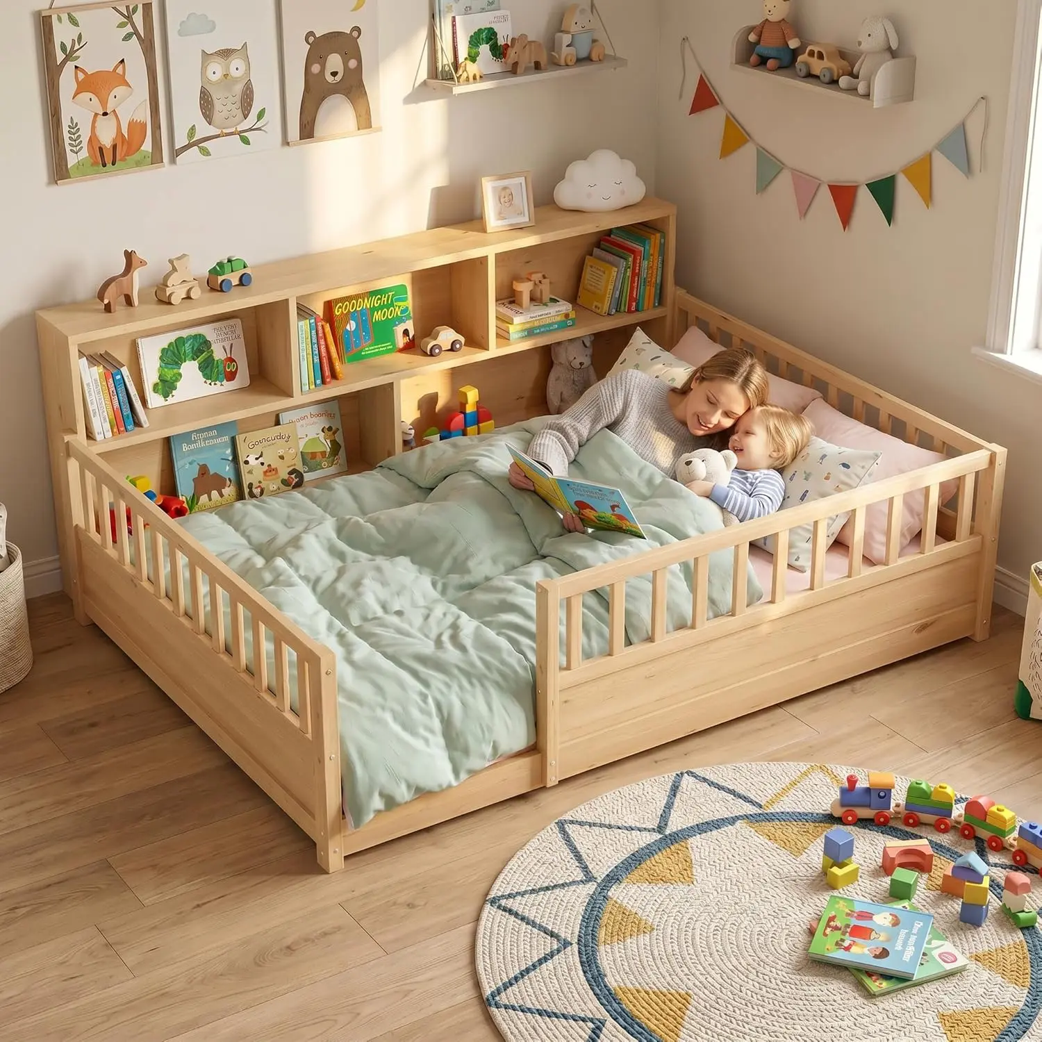 IHUESHO Montessori Full Size Pine Wood Floor Bed - 21.4" High Fence Guardrails, Side Storage Shelf, Open Entry, Low Platform Frame, Safe Easy Assembly (White/Natural Wood)