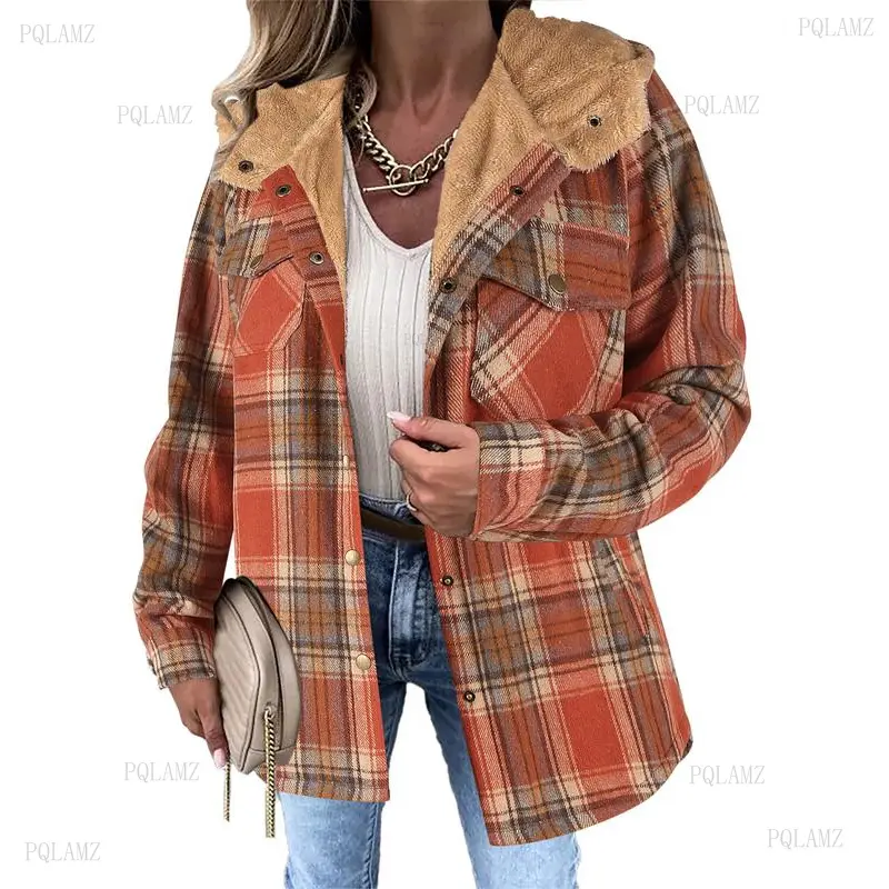 Women's Plaid Flannel Hooded Shacket - Sherpa Lined, Button Down, Boyfriend Style, V-Neck, Loose-Fit, Long Sleeve, Everyday Clothes with Standard Sizes, Hooded V-Neck, Plaid Print
