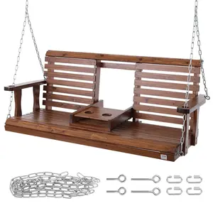 5ft Wooden Porch Swing – Heavy-Duty 880 lbs Capacity Patio Bench Swing for Courtyard & Garden, Outdoor Hanging Chair with Chains, Brown