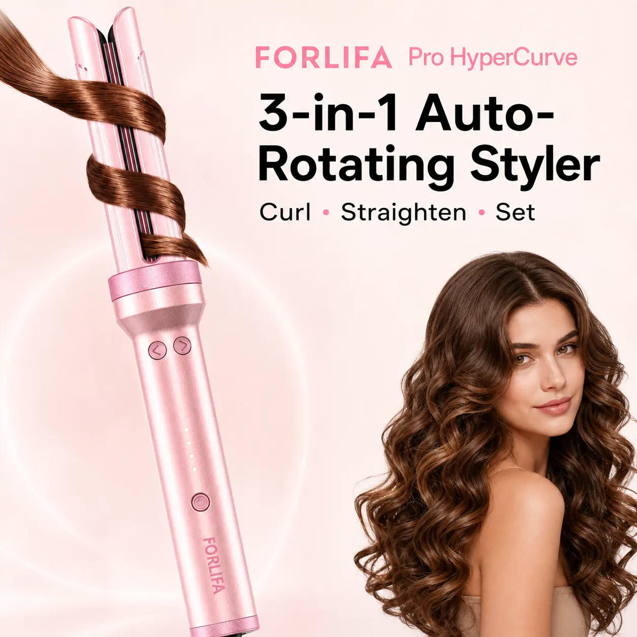 FORLIFA Pro HyperCurve Auto Rotating Curling Iron, 3-in-1 Hair Straightener & Styler with Ionic Cooling Airflow, 1-Inch Barrel for Bouncy Curls, Hair Straighteners, Multifunctional Styler, Auto Rotating Curler, Curling Irons