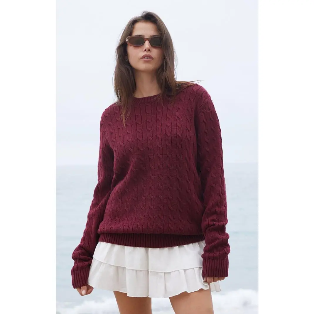 John Galt Women's Burgundy Cable Knit Sweater