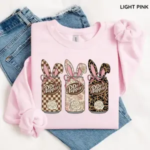 Dr Pepper Bunny Ears Sweatshirt, Floral Leopard Checkered Dr Pepper Cans Shirt, Cute Easter Soda Lover Graphic Tee, For Men and For Women