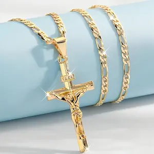 Men's Vintage 14K Gold Plated Jesus Cross Necklace, Smooth & Sturdy Chain, Versatile Religious Jewelry for Daily Wear, Parties & Gifting