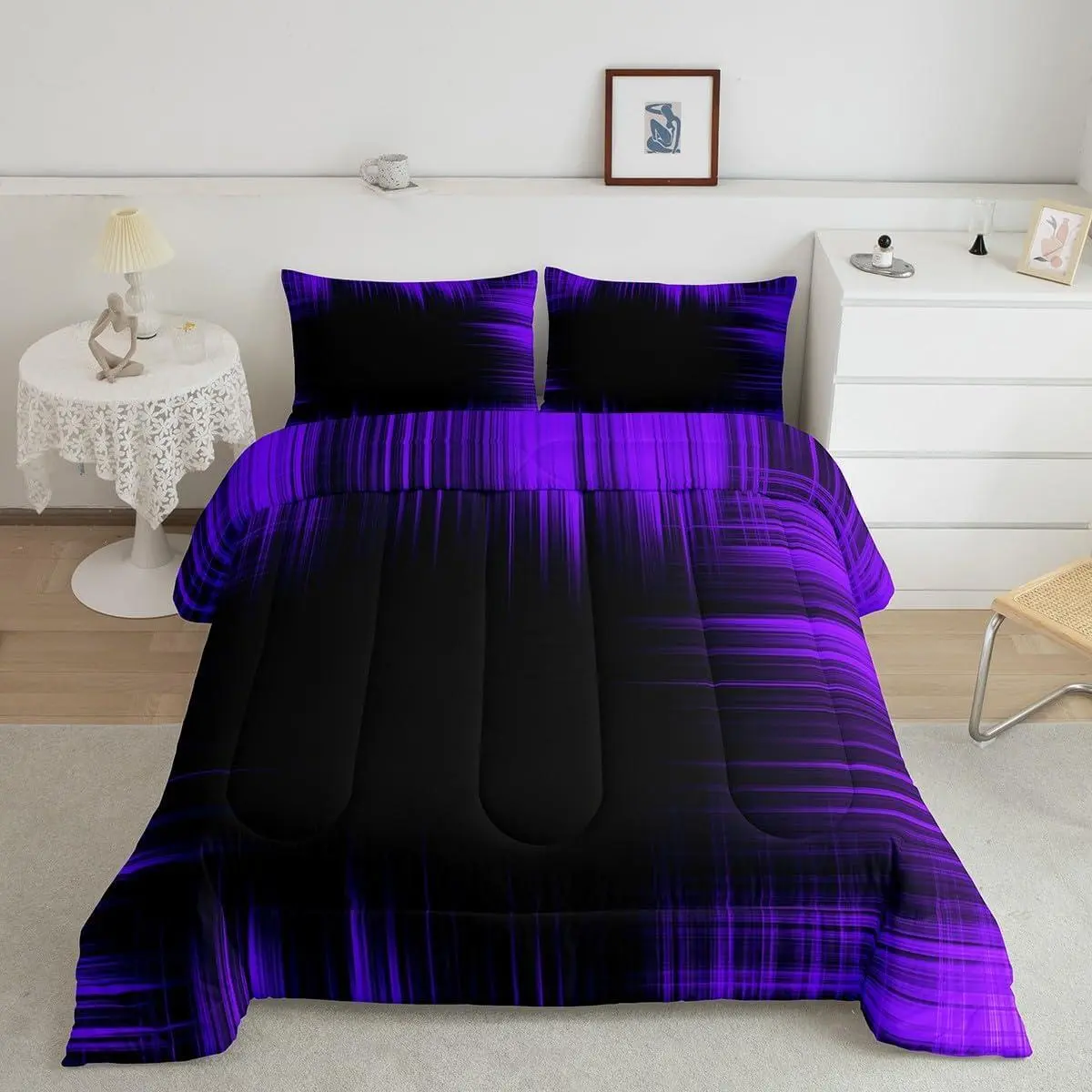 Abstract Ombre Bedding Set,Purple and Black Comforter Geometric Artistic Smear Comforter Set Stripes Duvet Set