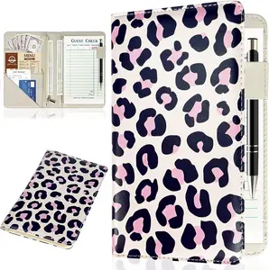 Server Books for Waitress, Waitress Waiter Book Organizer with Zipper Pouch, Guest Check Holder Money Pocket Restaurant Waitstaff Leopard Pattern