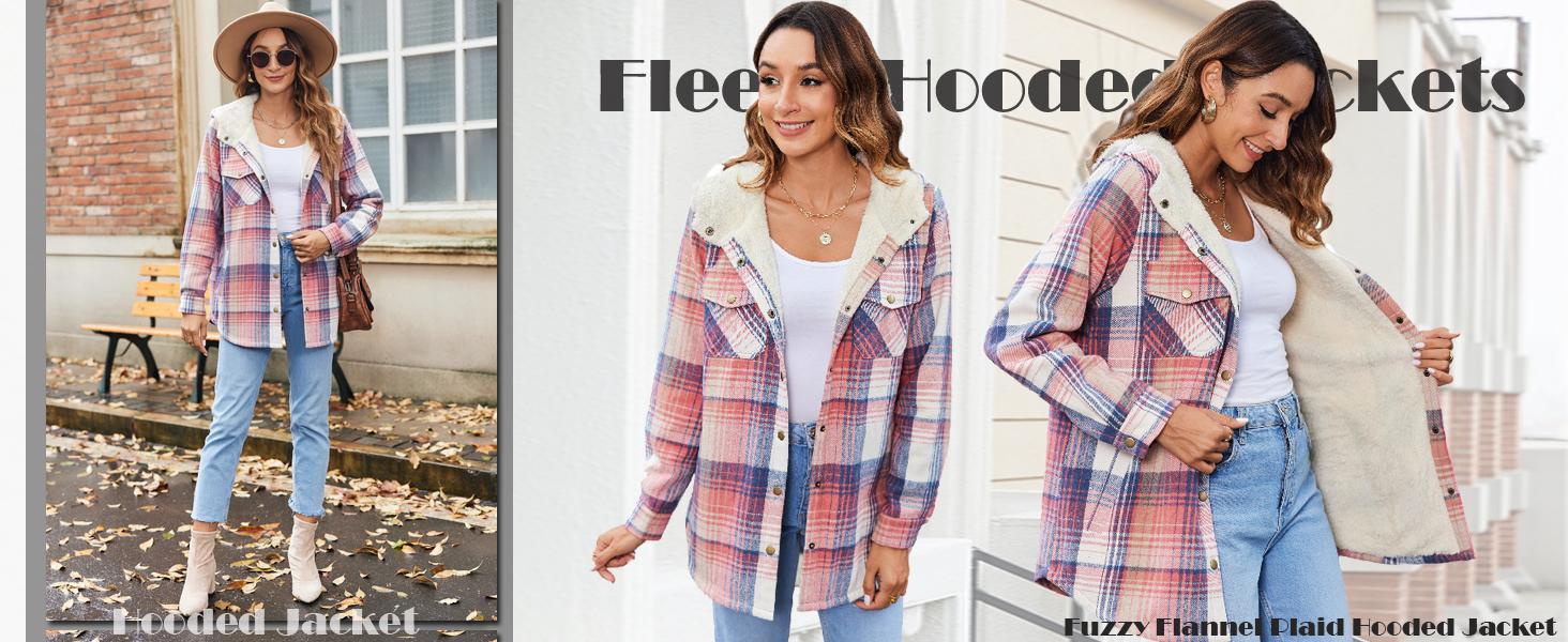 Womens Plaid Shacket Jacket Long Sleeve Button Down Fleece Hooded Jackets Warm Coat Halloween winter jacket