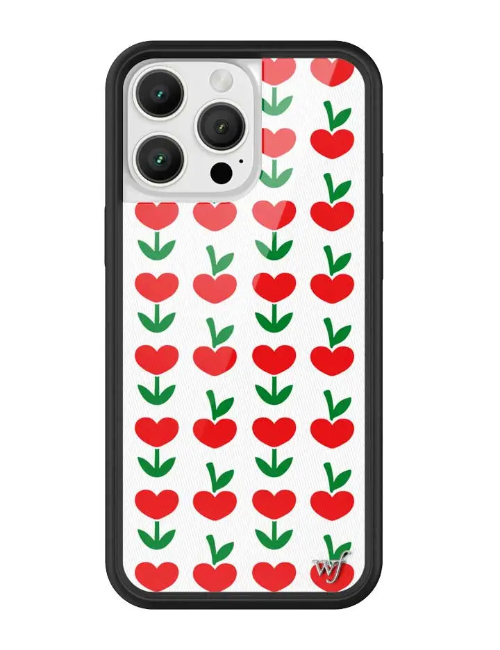 Love Blooms | Limited Edition Trendy iPhone Case | Raised Protective Black Bumper | Women Owned Small Business | Egg Shell White Background Vibrant Red and Green Heart Flower Blossoms | Safety Casing Protective | Gift for Her
