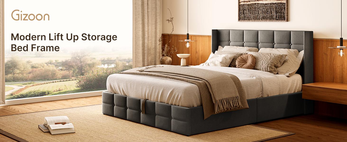 Gizoon Queen Lift Up Storage Bed with Storage, Upholstered Platform Bed Frame with Modern Wingback Headboard, Woodern Slats Support, Hydraulic Support, No Box Spring Needed