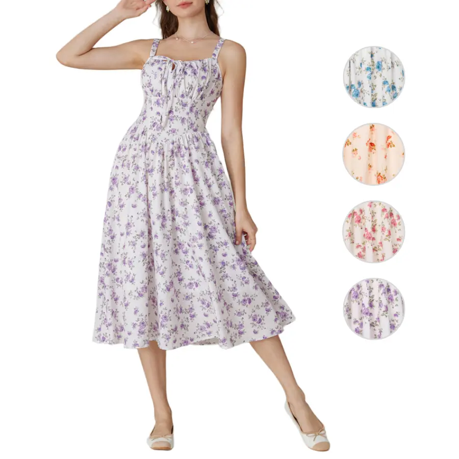 Grace Karin Women's Floral Milkmaid Corset Dress, Square Neck A-Line Midi Sundress with Adjustable Straps for Summer Vacation, Milkmaid Dress, Curvy Clothing, Lady, Sleeveless, Outfits, Sundresses, Stylish Women's Wear, Casual, Clothes For Women