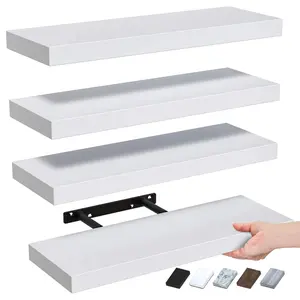 Bosniik White 15.8inch Floating  4 Sets with Invisible Brackets for Bedroom Bathroom Kitchen Living Room Decor Artificial Wood Frosted Surface 20 lb Capacity Easy Assembly Wooden   block wall shelves Plant desk Wall Mounted Organizer Wall Mount Design
