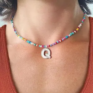 VRIUA Colorful Bead Necklace for Women Handcrafted Bubble Initial Letter Necklace Adjustable Chain Dainty Cute  Necklace   Daily Wear  Personalized Jewelry Boho Style