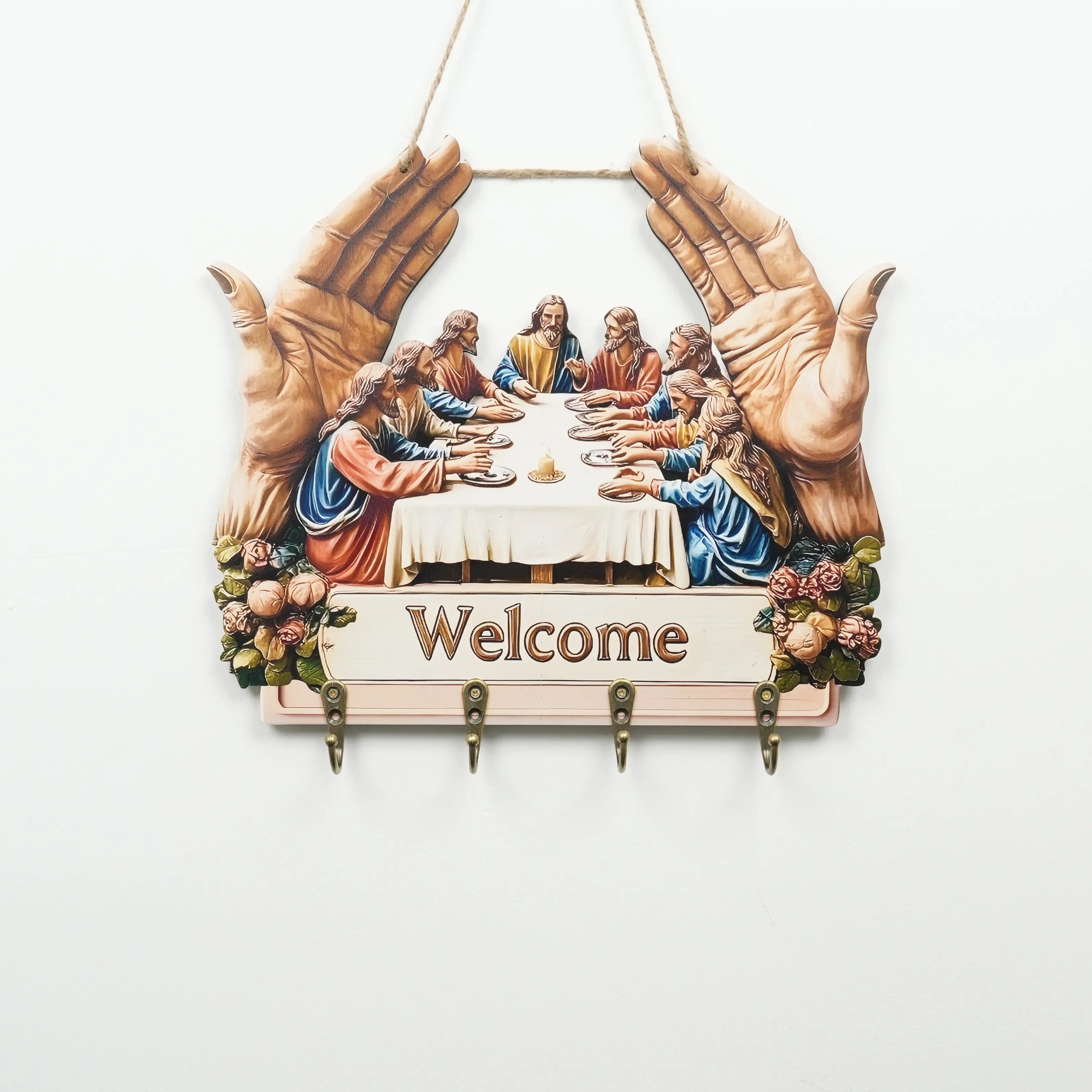 2D Flat Jesus and Disciples Wall Art Keychain 1 Piece Pack, Exquisite Religious Design with Four Metal Hooks, 10.4"x11.8" Artificial Wood  Metal Frame, Porch Welcome Sign, Farmhouse Style Seasonal Home Decor, Intricate Craftsmanship, Father's Day Gift