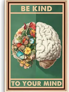 Be Kind To Your Mind Poster, Living Room Wall Art, Mental Health Wall Art, Vintage Butterflies Brain Prints, Zen Meditation Wall Decor for Bedroom, Home, Kitchen, Office, UNFRAME