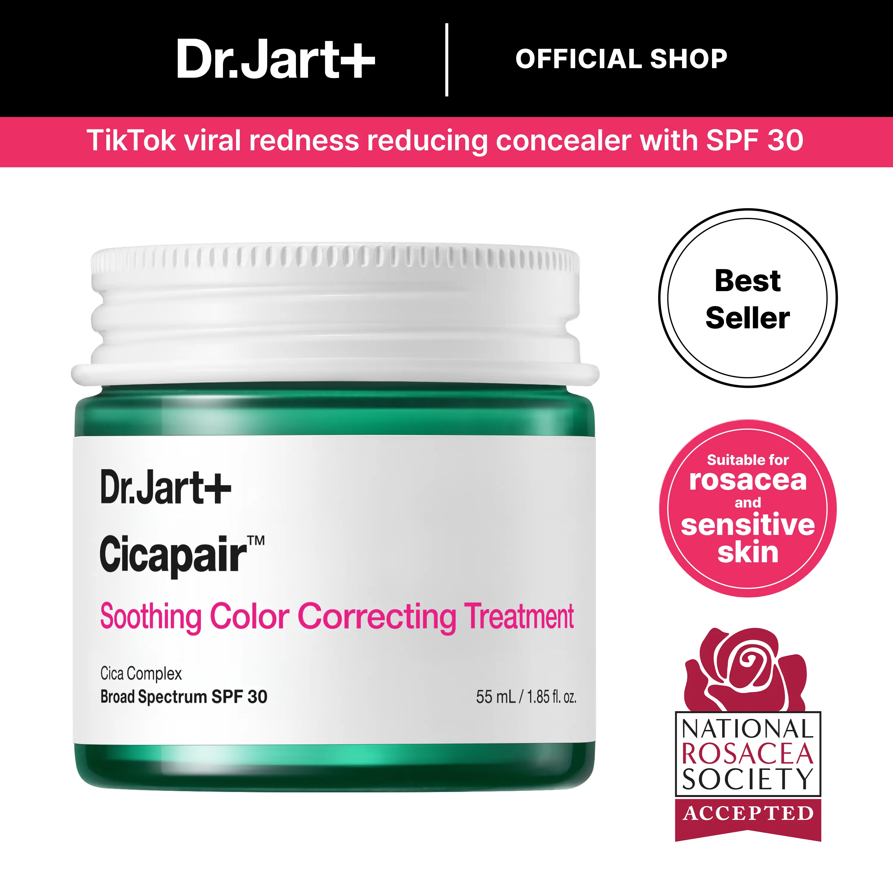 Dr.Jart+ Cicapair Redness Correcting Cream – Gentle Viral Green Color Corrector for Rosacea and Sensitive Skin | Conceals Blemishes | Korean Skincare | Centella Asiatica Extracts | Barrier Repair