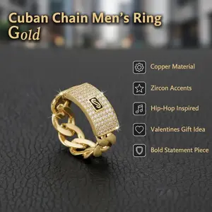 Men's Cuban Style Copper Ring with Zircon Accents, Metal Coating, Hip-Hop & Casual Everyday Fashion, Minimalist Bold Design, Waterproof Rust-Resistant Fade-Proof, Unique Valentine's Gift Idea for Him