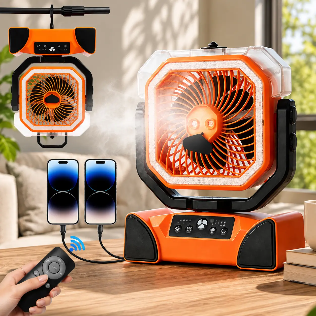 Qawtor 2026 Portable Misting Camping Fan, 20000mAh Rechargeable Outdoor Fan with LED Light, 360° Hanging Hook, Lightweight Travel Fan for Tent, RV, Camping, Emergency & Back to School Essentials