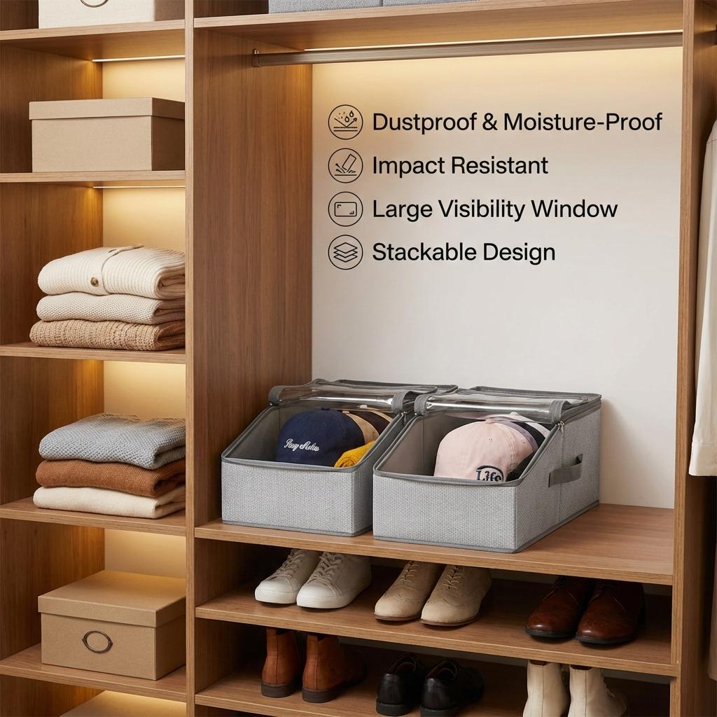 All-New Upgrade: Extra-Large View Window See your collection at a glance. Stackable Hat Storage Boxes for Baseball Caps, Give your 15+ hats a home that’s as stylish as they are. Large Clear Window, Closet Organizer for Men
